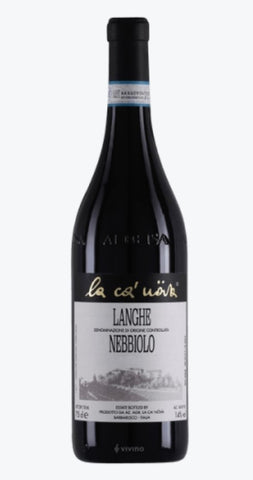 A bottle of La Ca' Uocù Langhe Nebbiolo red wine, featuring a dark glass bottle with a black cap and a white label with black text and a grayscale landscape illustration, set against a plain white background.