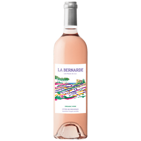 Bottle of La Bernarde rosé wine on a white background