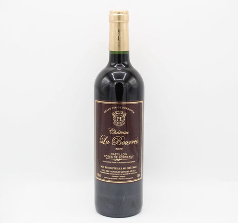 A bottle of Château La Bourrée 2022 red wine, featuring a dark brown label with gold lettering and a gold foil capsule on a white background.