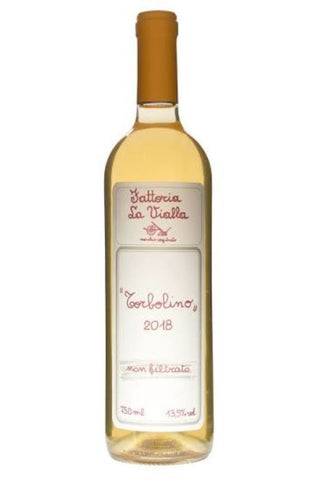 A bottle of white wine with a cream-colored label and a gold cap, set against a plain white background.