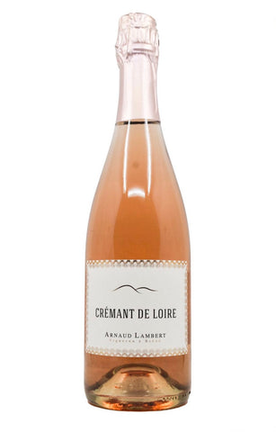 A bottle of Crémant de Loire rosé wine by Asnaud Lambert, showing the pinkish-rose liquid inside a clear glass bottle with a white label and foil cap, isolated on a white background.