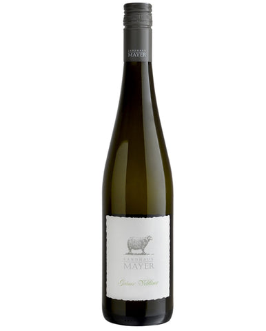 A bottle of Camerone Mayer White Shiraz wine, featuring a dark green glass bottle, a gray screw cap, and a white label with a sheep logo and gray text.