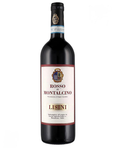 A bottle of Rosso di Montalcino Lisini red wine, featuring a cream-colored label with red and gold lettering, set against a plain white background.