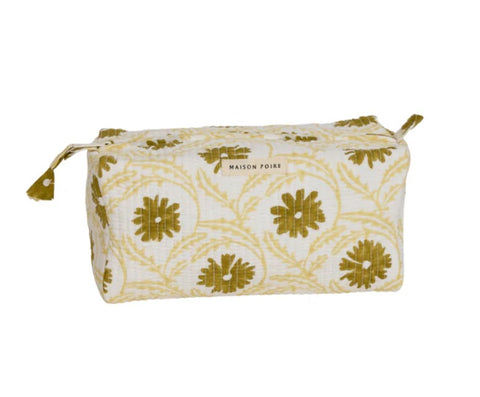 A rectangular zippered pouch by Maison Poire, featuring a cream and olive green damask floral pattern, shown against a plain white background.