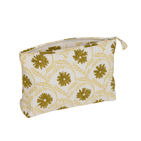 A small zippered pouch with a cream and olive green floral pattern, shown on a plain white background.