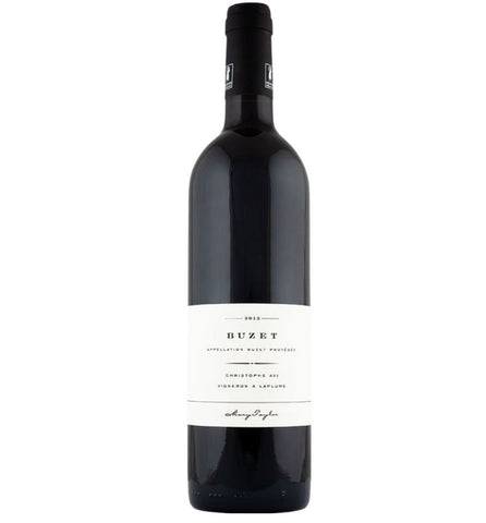 A bottle of Burgundy wine from the brand Buzet, featuring a dark glass bottle with a black capsule and a clean white label.