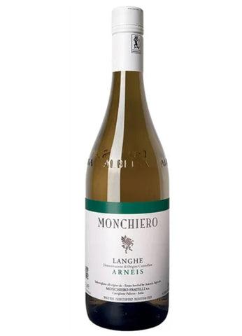 A bottle of Monchiero Langhe Arneis white wine, featuring a white label with a green band and a white screw cap, set against a plain white background.