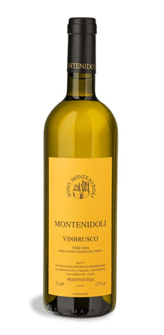 A bottle of Montenidoli Vinbrusco white wine with a yellow label and black neck foil, set against a plain white background.