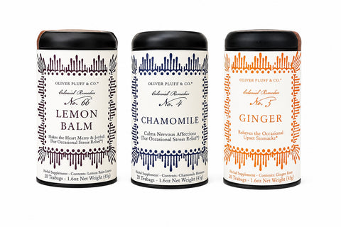 Three Oliver Pluff & Co. Herbal Tea Tins