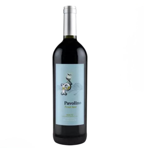 A bottle of Pavolino Pinot Noir red wine with a light blue label and a silver foil cap, shown against a plain white background.