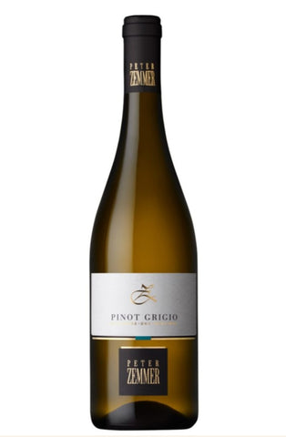A bottle of Peter Zemmner Pinot Grigio DOC white wine, featuring a dark green glass bottle, a silver and white label, and a black neck foil with gold lettering, set against a plain white background.