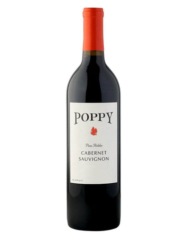 A bottle of Poppy Cabernet Sauvignon red wine with a dark glass bottle and a white label, and a bright red foil capsule at the top, shown on a plain white background.