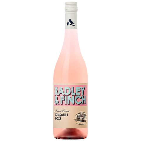 A bottle of Radley & Finch Cinsault Rose wine, featuring a pale pink liquid inside a clear glass bottle with a beige and pink label and a white screw cap.
