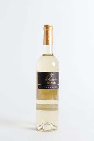 A bottle of Robalino Albarino Rias Biaxas white wine.