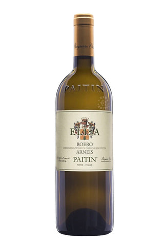 A bottle of Bianco Roero Arneis white wine with a cream-colored label and gold foil cap, set against a plain white background.