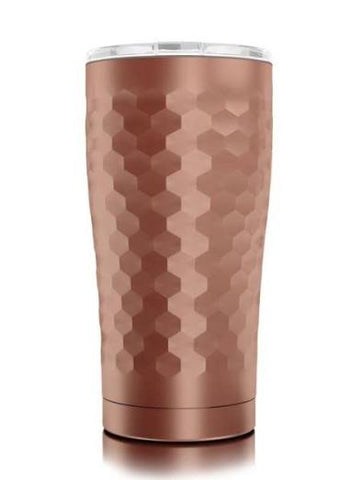 A rose gold insulated tumbler with a textured hexagonal pattern and a clear lid, shown on a white background with a soft reflection.