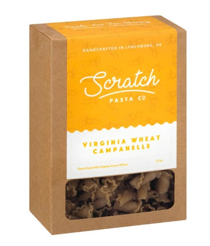 Scratch Pasta Co. Virginia Wheat Campanelle pasta in a brown kraft paper box with a yellow and white label, shown on a white background.