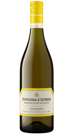 A bottle of Sonoma-Cutrer Russian River Ranches Chardonnay white wine, featuring a dark green glass bottle, a bright yellow cap, and a cream and yellow label.