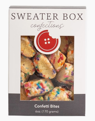 A box of Sweater Box Confections shortbread cookies with colorful sprinkles on top, labeled as 'Confetti Bites'.