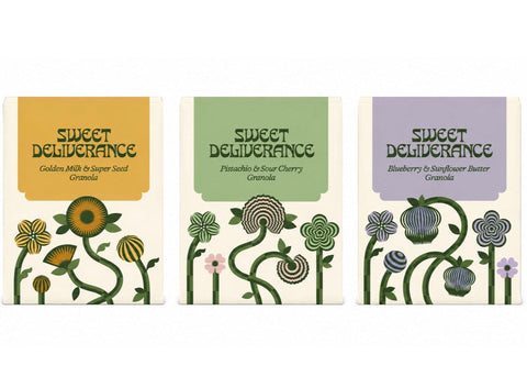 Three Sweet Delightance granola boxes arranged side by side on a white background. The boxes feature retro-style illustrated labels in mustard yellow, sage green, and lavender, with dark green floral and vine graphics on an off-white background.