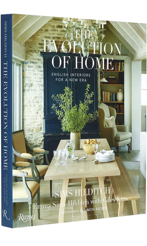 The Evolution of Home: English Interiors for a New Era book by Sims Hilditch, shown as a 3D book mockup with the front cover and spine visible against a plain white background.