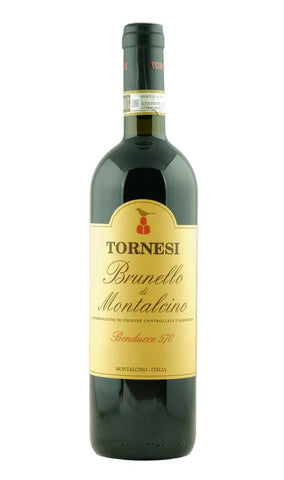 A bottle of Tornesi Brunello di Montalcino red wine, featuring a dark green glass bottle with a prominent gold label and a black capsule cap, isolated on a white background.