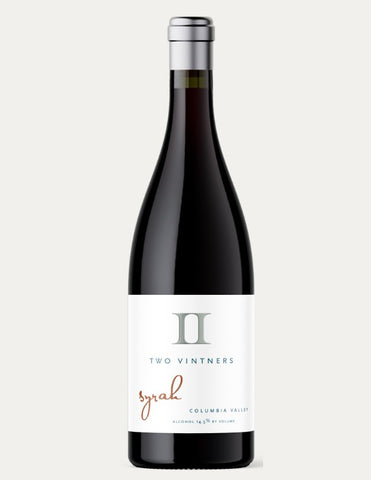 A bottle of Two Vintners Syrah from Columbia Valley, featuring a dark glass bottle with a white label and a silver foil cap, set against a solid light gray background.