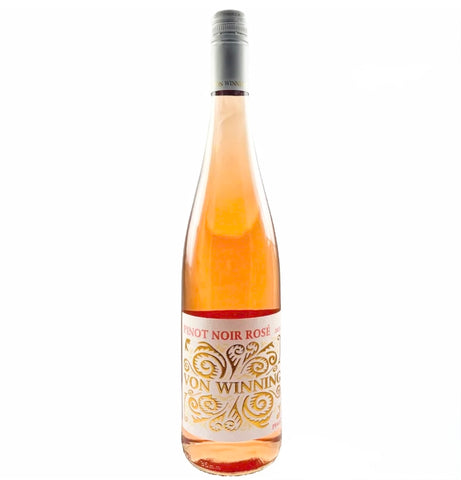 A bottle of Von Winning Pinot Noir Rose wine with a white and gold label, showing the pinkish-rose liquid inside, set against a plain white background.