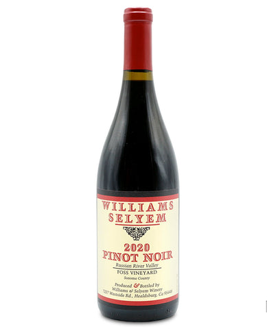 A bottle of Williams Selyem 2020 Pinot Noir from the Foss Vineyard, featuring a cream-colored label with red and black text, a red foil capsule, and a dark glass body, set against a plain white background.