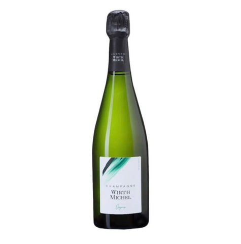 A bottle of Wirth Michel Champagne Piquenat on a solid white background. The bottle is made of dark green glass with a black foil capsule and a white label featuring a green and teal graphic.