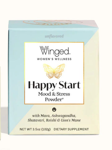 Winged Happy Start Mood & Stress Powder dietary supplement box, unflavored, featuring a light blue and cream design with a gold butterfly logo.