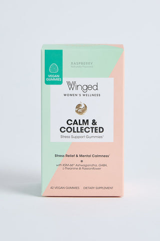 A package of Winged Calm & Collected Stress Support Gummies with a pink and green color scheme and branding information.