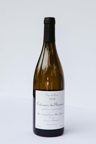 A bottle of Alice Berthier Coteaux du Giennois Blanc wine with a white label on a clear background.